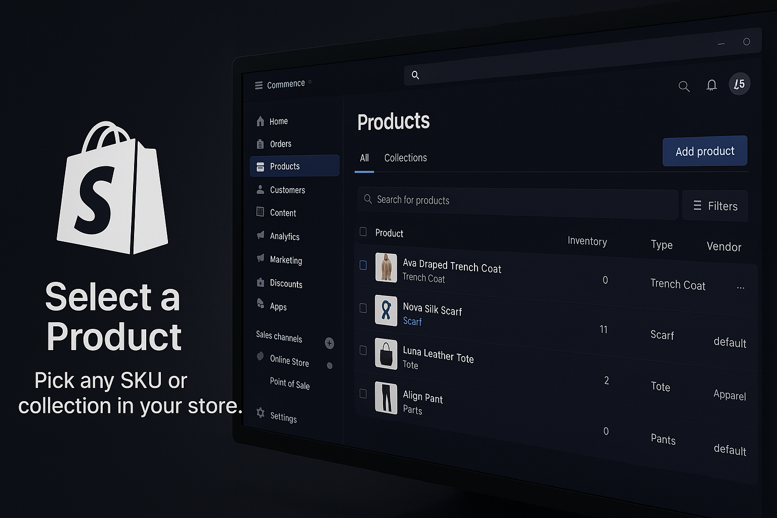Shopify dashboard showing product selection